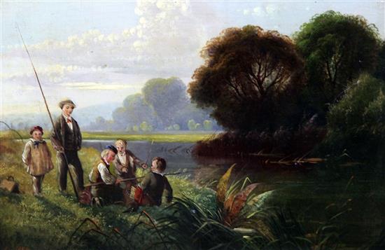 Edwin Henry Boddington (1836-1905) River scene with boys fishing, 10 x 13.5in.